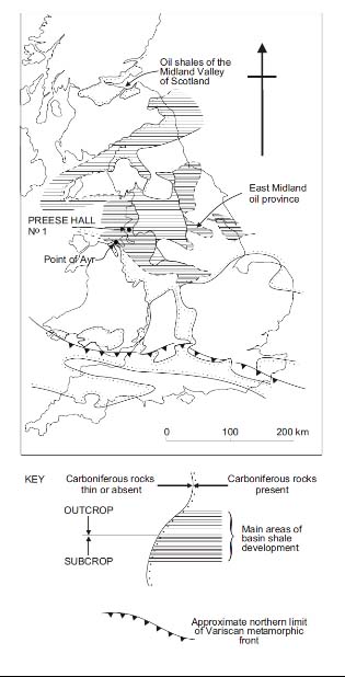 5. Sketch map showing the surface and subsurface extent of Lower Carboniferous sediments in general and shale basins in particular (From Selley, 1987. © Oil & Gas Journal). Locations of recent shale gas exploration activity added.